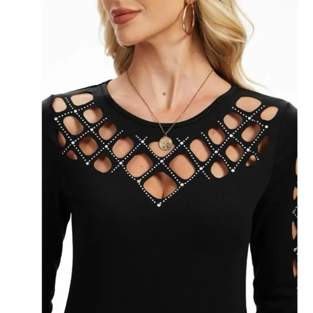 NEW Black Lattice Cutout Long Sleeve Top Edgy Chic Stretchy Crisscross Small - Picture 2 of 13